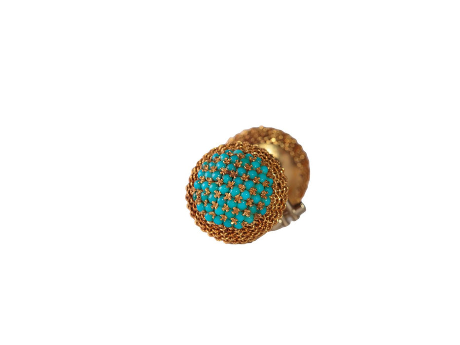 Orecchini in oro giallo  a nido d'ape con cupola di turchesi cabochon